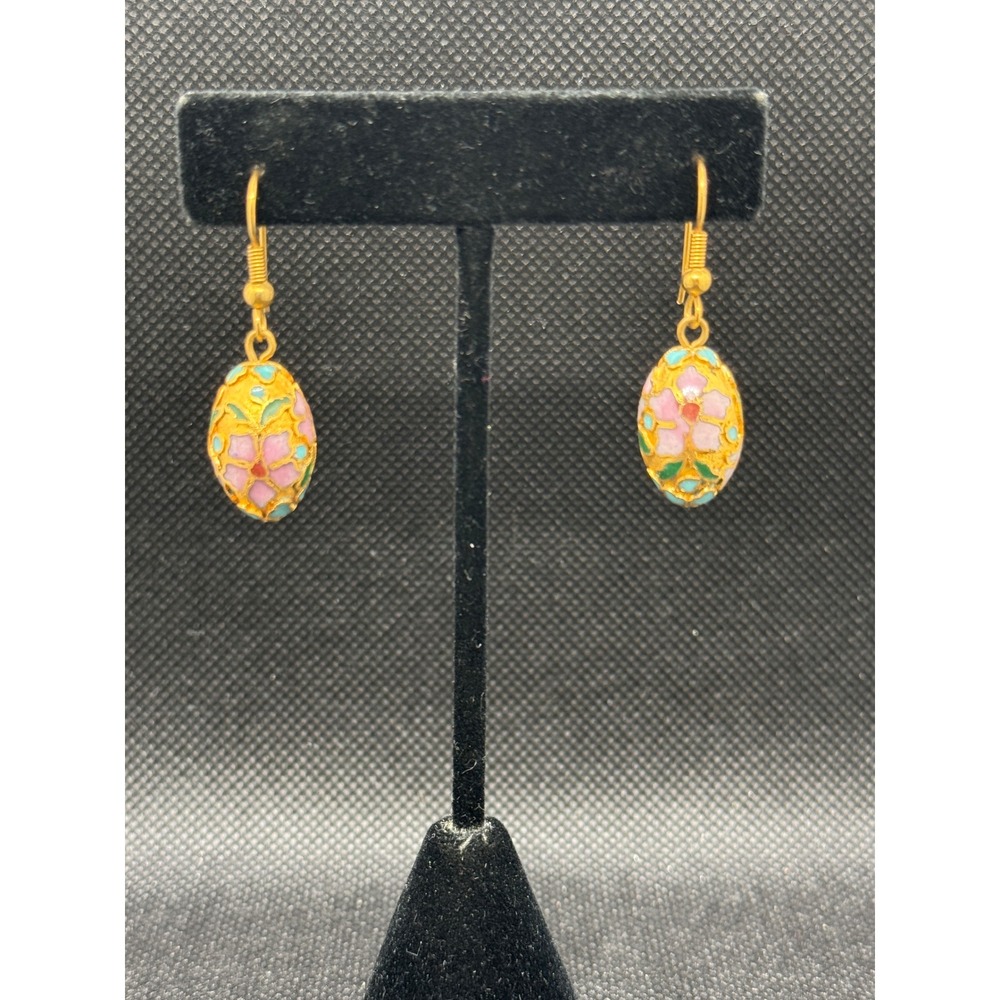 Vintage Cloisonne Enamel Floral Drop Earrings Gold Tone Pink Blue Green Oval